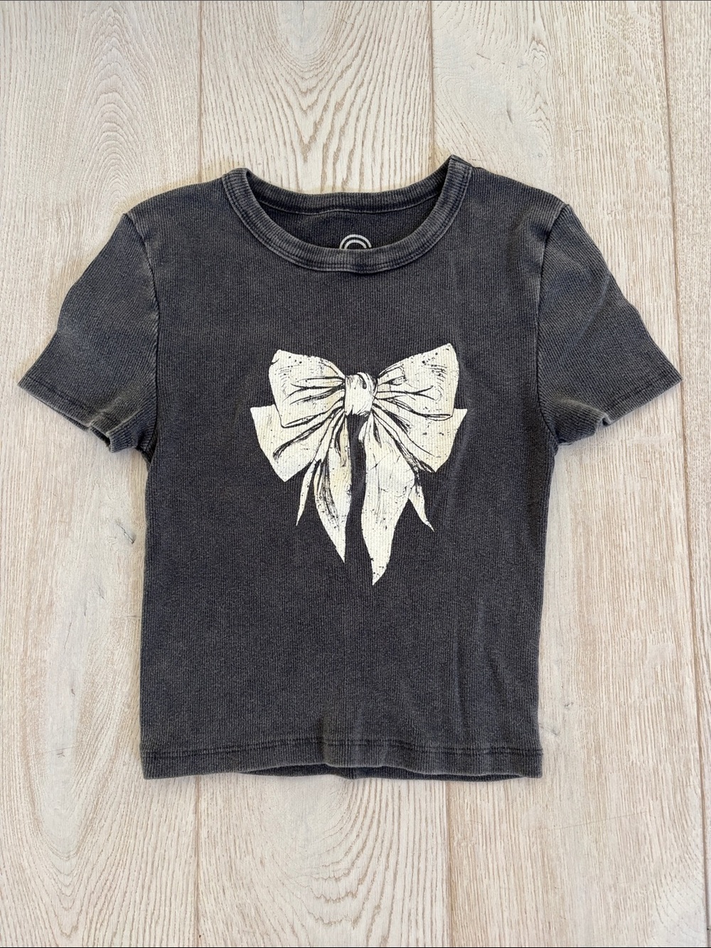 Charcoal Short Sleeve Tee with White Bow Graphic